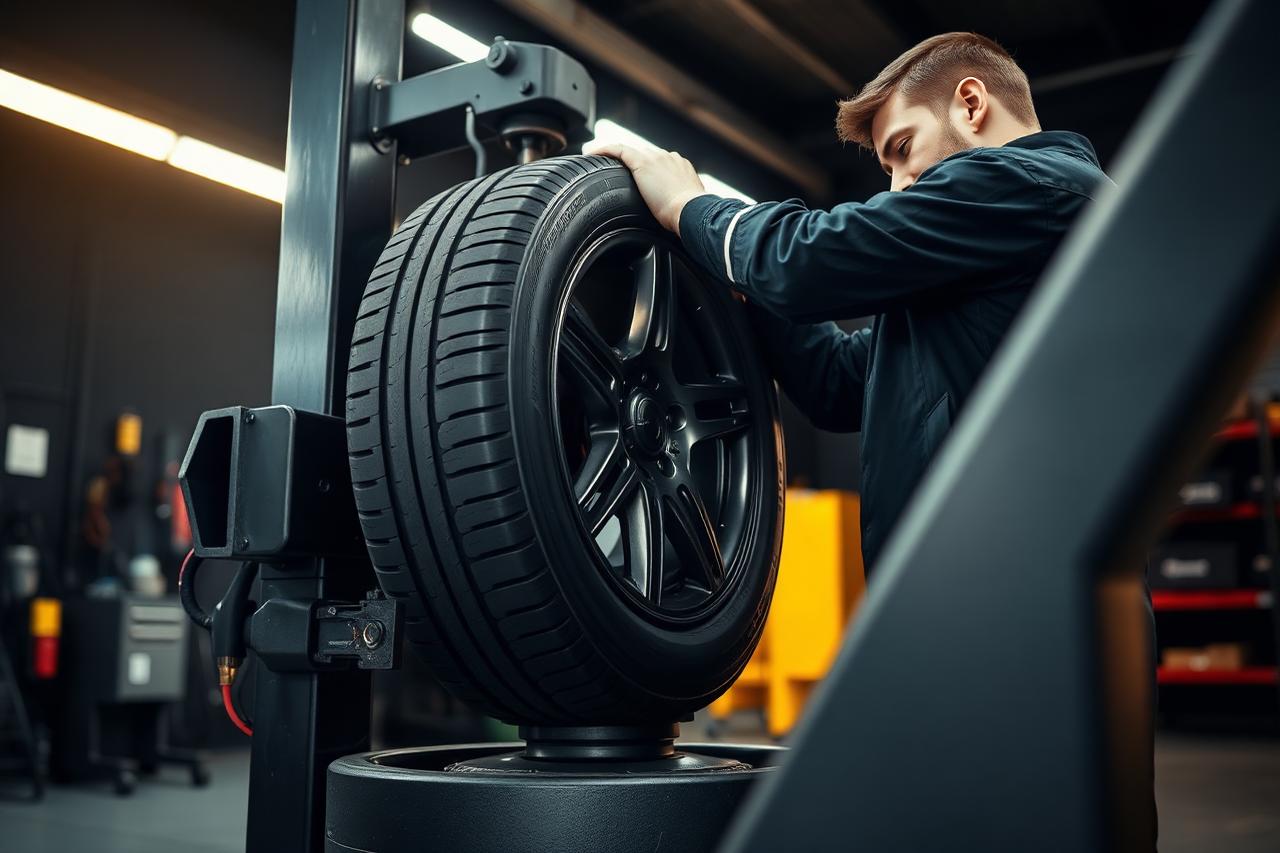 Monteur plaatst een nieuwe autoband in de werkplaats